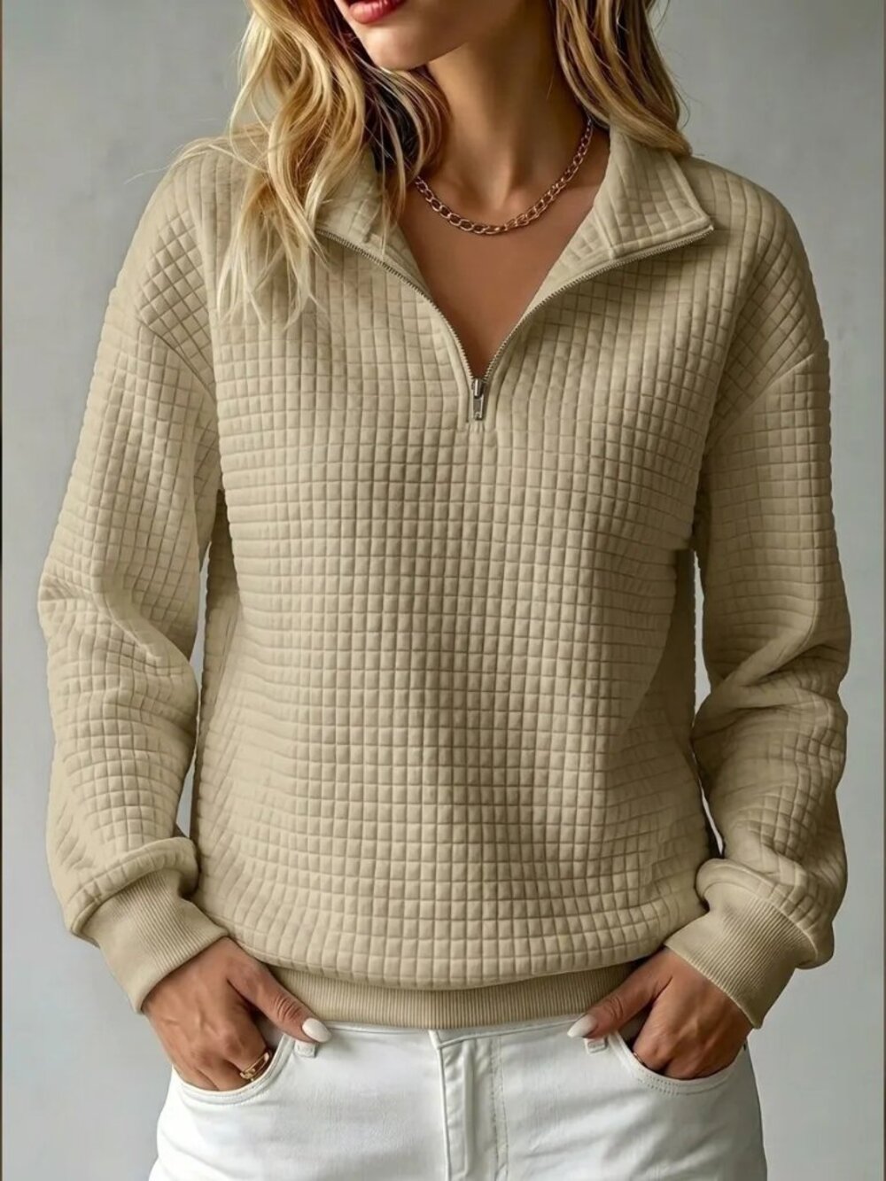 Women's Waffle-Knit Stand-Collar Zip-Up Sweatshirt